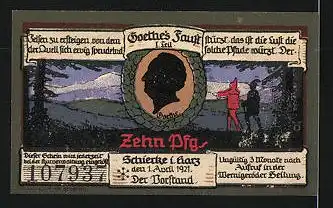 Notgeld Schierke im Harz 1921, 10 Pfennig, Goethe-Porträt, Brocken