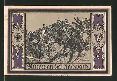 Notgeld Stolp in Pommern, 75 Pfennig, Fürst Blücher-Porträt, Blücher an der Karzbach