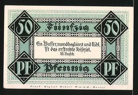 Notgeld Stolzenau an der Weser 1921, 50 Pfennig, Steinhuder Meer, Zitat aus Buschs Werk