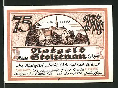 Notgeld Stolzenau an der Weser 1921, 75 Pfennig, Kloster Loccum, Zitat aus Buschs Werk