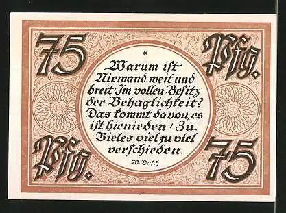Notgeld Stolzenau an der Weser 1921, 75 Pfennig, Kloster Loccum, Zitat aus Buschs Werk