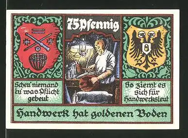Notgeld Stolzenau an der Weser 1921, 75 Pfennig, Gildewappen und Fassmacher