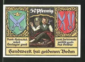 Notgeld Stolzenau an der Weser 1921, 50 Pfennig, Gildewappen und Schneider
