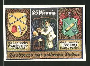 Notgeld Stolzenau an der Weser 1921, 25 Pfennig, Gildewappen und Friseur