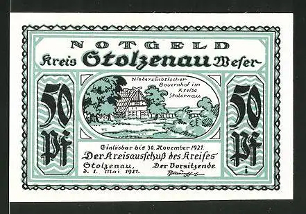 Notgeld Stolzenau an der Weser 1921, 50 Pfennig, niedersächsischer Bauernhof, Szene aus Buschs Werk