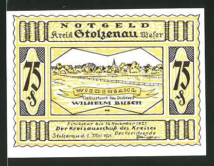 Notgeld Stolzenau an der Weser 1921, 75 Pfennig, Blick auf Wiedensahl, Szene aus Buschs Werk