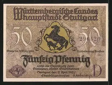 Notgeld Stuttgart 1921, 50 Pfennig, Stadtwappen, Wilhelmsbrücke in Cannstatt