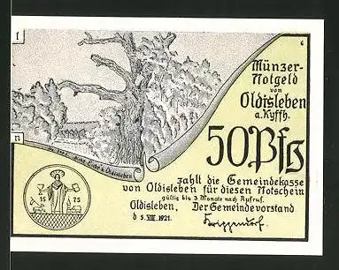Notgeld Oldisleben 1921, 50 Pfennig, Stadtwappen und dicke Eiche, geschlagenen Bauer fliehen nach Frankenhausen