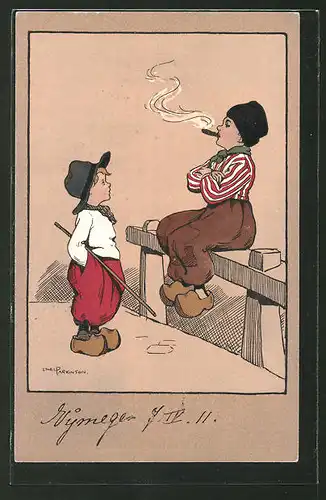 Künstler-AK Ethel Parkinson: Rauchender Junge auf einer Absperrung