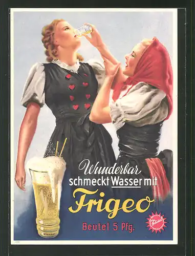 AK Zwei Frauen trinken Wasser mit Frigeo, Reklame