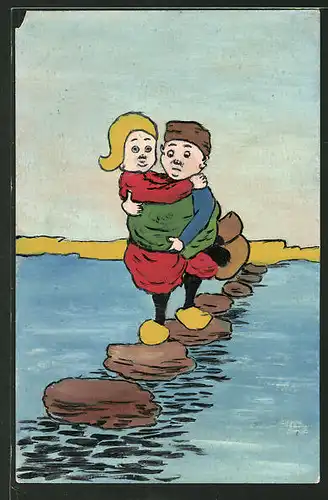 Künstler-AK Handgemalt: Kleiner Holländer hilft seiner Freundin über einen Fluss