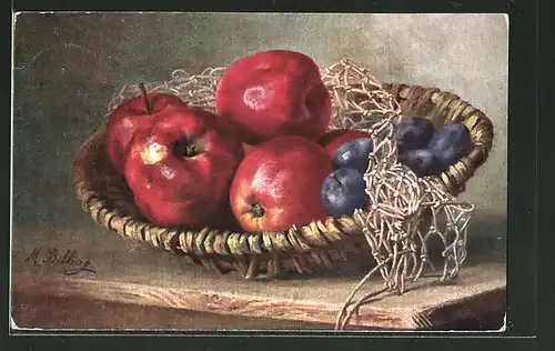 Künstler-AK M. Billing: Stilleben mit Äpfeln und Pflaumen