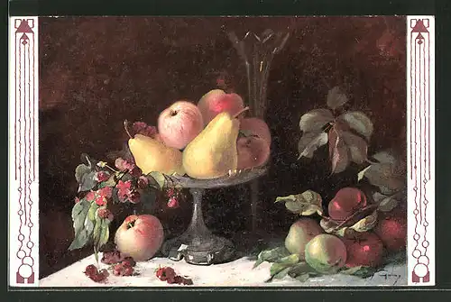 Künstler-AK Mary Golay: Stilleben mit Birnen und Äpfeln in einer Schale