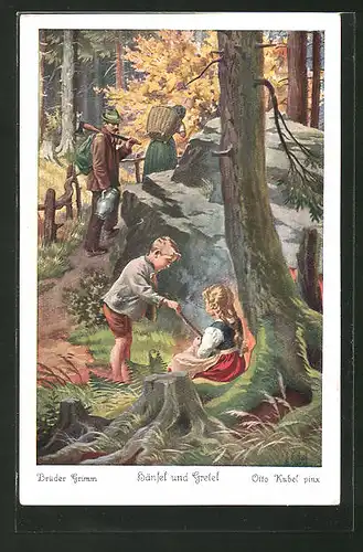 Künstler-AK Otto Kubel: Hänsel und Gretel Nr. 2: "Der Holzhacker und sein Weib führten Hänsel und Gretel in den Wald..."