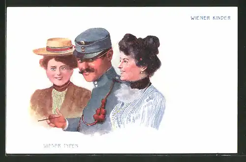 Lithographie Wiener Typen, Wiener Kinder, Soldat mit Fräuleins