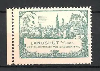 Reklamemarke Landshut, Teilansicht mit Schloss und Kirche, Farbe grün