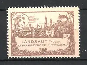 Reklamemarke Landshut, Teilansicht mit Schloss und Kirche, Farbe braun