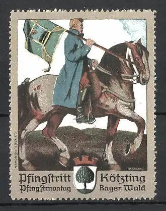 Künstler-Reklamemarke Kötzing, Pfingsritt, Reiter mit Flagge