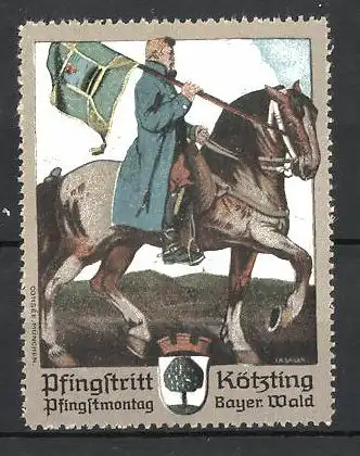 Künstler-Reklamemarke Kötzing, Pfingsritt, Reiter mit Flagge