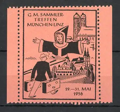 Reklamemarke München, G. M. Sammler-Treffen 1956, Ortsansicht und Münchner Kindl