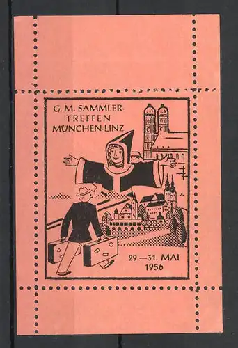 Reklamemarke München-Linz, G. M. Sammlertreffen 1956, Ortsansicht mit Münchner Kindl