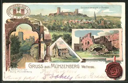 Lithographie Münzenberg, Gesamtansicht, Gasthaus zur Burg Münzenberg