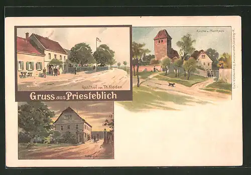 Lithographie Priesteblich, Gasthof von Th. Klöden, Rittergut, Kirche und Pfarrhaus