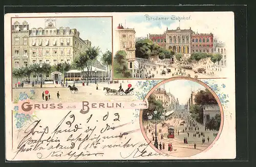 Lithographie Berlin-Tiergarten, Potsdamer Platz, Café Josty, Potsdamer Bahnhof