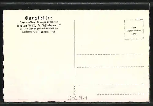 AK Berlin-Charlottenburg, Gastraum im Burgkeller, Kurfürstendamm 12