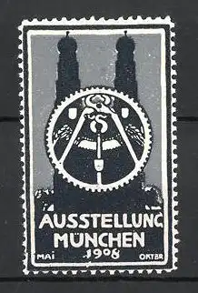 Reklamemarke München, Ausstellung 1908, Messelogo mit Zange und Zahnrad