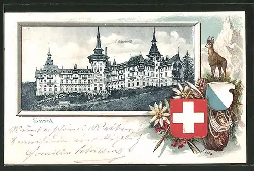 Passepartout-Lithographie Zürich, Ansicht vom Dolderhotel, Passepartout mit Schweizer Wappen