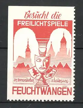 Reklamemarke Feuchtwangen, Freilichtspiele, Maske mit Wappen, Stadtsilhouette