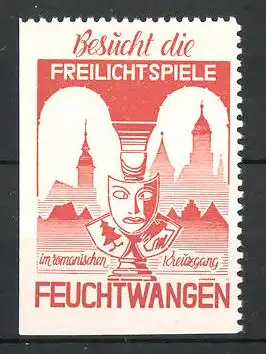 Reklamemarke Feuchtwangen, Freilichtspiele, Wappen und Maske vor Stadtsilhouette