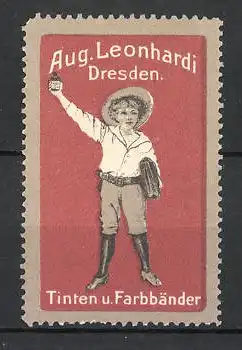 Reklamemarke Dresden, Tinten & Farbbänder Aug Leonhardi, Knabe mit Tintenfass, orange