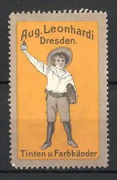 Reklamemarke Dresden, Tinten und Farbbänder August Leonhardi, Schulknabe mit Tintenfass, gelb