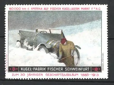 Reklamemarke Schweinfurt, Kugel-Fabrik Fischer, Fischer Auto USA 80,000 km Testfahrt, Auto im Schnee