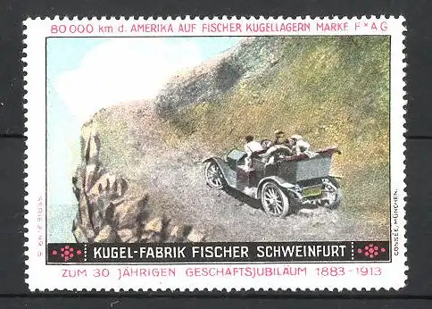 Reklamemarke Schweinfurt, Kugel-Fabrik Fischer, Fischer Auto USA 80,000 km Testfahrt, Auto am Abhang