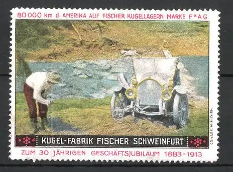 Reklamemarke Schweinfurt, Kugelfabrik Fischer, 80.000 km USA-Testfahrt, Fischer Auto an einer steilen Böschung
