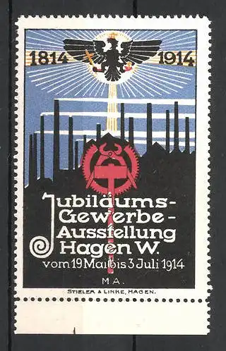 Reklamemarke Hagen, Jubiläums-Gewerbe-Ausstellung 1914, Messelogo mit Wappen