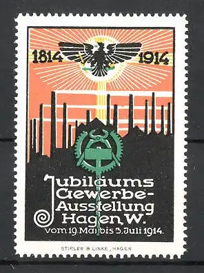 Reklamemarke Hagen, Jubiläumsgewerbe-Ausstellung 1914, Hammer und Zange