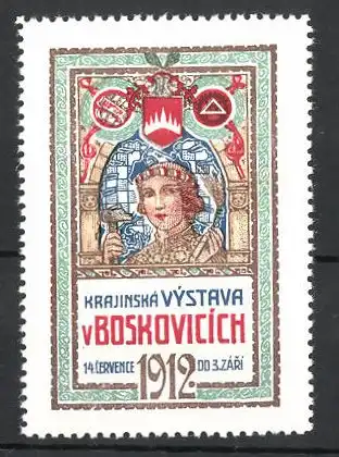 Reklamemarke Boskovice, Krajinská Vystava v Boskovicich 1912, Frau mit Hammer und Kornähren