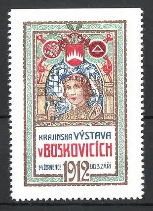 Reklamemarke Boskovice, Krajinská Vystava v Boskovicich 1912, Frau mit Hammer und Ähren