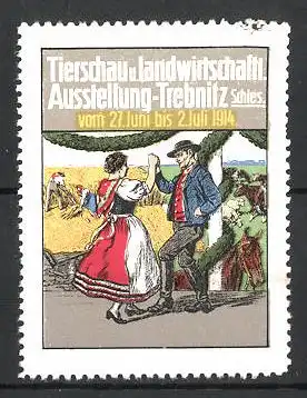 Reklamemarke Trebnitz, Tierschau und landwirtschaftliche Ausstellung 1914, Tanzendes Bauernpaar