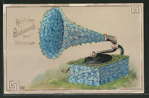 AK Grammophon verziert mit Vergissmeinnichtblüten