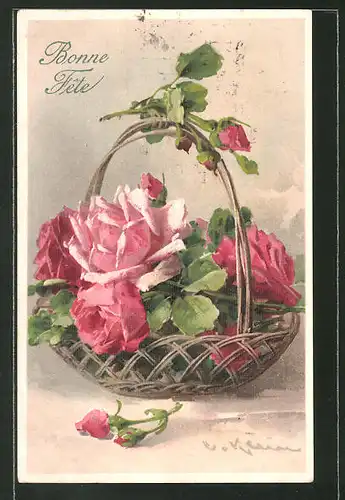 Künstler-AK Catharina Klein: rosane und rote Rosen in einem Korb