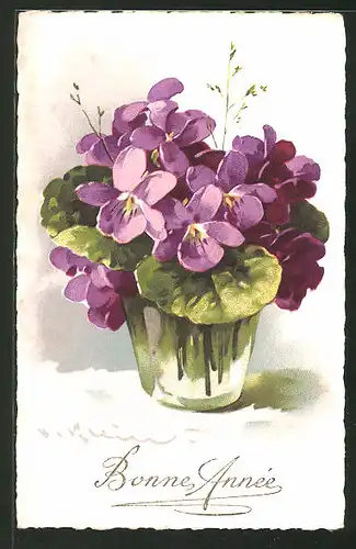 Künstler-AK Catharina Klein: Vase mit lilanen Blumenstrauss