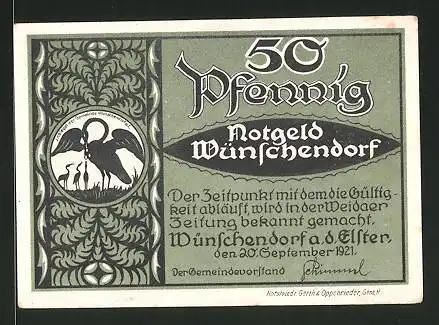 Notgeld Wünschendorf an der Elster 1921, 50 Pfennig, Wappen, St. Veit-Kirche