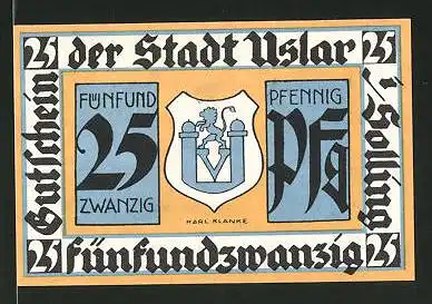 Notgeld Uslar 1921, 25 Pfennig, Stadtwappen, Rathaus