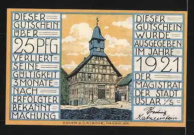 Notgeld Uslar 1921, 25 Pfennig, Stadtwappen, Rathaus