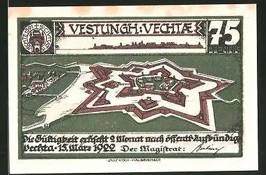 Notgeld Vechta 1922, 75 Pfennig, Festungs-Ansicht, Hund in der Heide